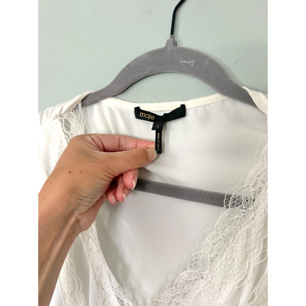 Maje Lushane Lace Trim V-Neck Cap Sleeve Blouse White Ivory Shirt Top Size Large - Picture 3 of 8
